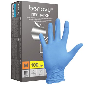 Benovy / Бенови - Перчатки медицинские диагностические одноразовые нестерильные нитриловые н/опудр.Benovy голубые текстурированные на пальцах (уп/100пар) ,ПАРА