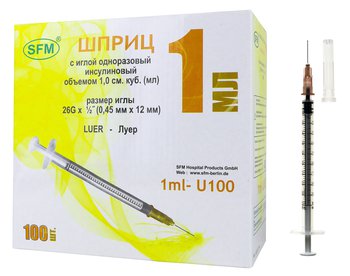 Шприц 1 мл, инсулиновый, U-100, 3-х компонентный, со съемной иглой 0,45 x12-26G (уп/100шт) / SFM