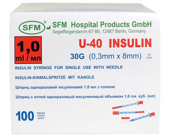 Шприц 1 мл, инсулиновый, U-40, 3-х компонентный, со интегрированной иглой 0,30Х8,0-30G (уп/100шт) / SFM
