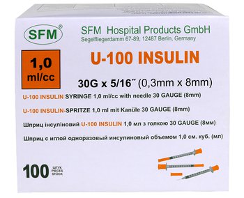 Шприц 1 мл, инсулиновый, U-100, 3-х компонентный, со интегрированной иглой 0,30Х8,0-30G (уп/100шт) / SFM