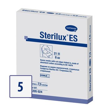 STERILUX ES/ СТЕРИЛЮКС ЕС салфетки стерильные из перевязочной марли; 8 слоев; 21 нить; 7,5х7,5 см; 5 шт