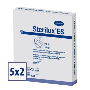 STERILUX ES/ СТЕРИЛЮКС ЕС салфетки стерильные из перевязочной марли; 8 слоев; 21 нить; 7,5х7,5 см; 5 шт по 2 в уп.