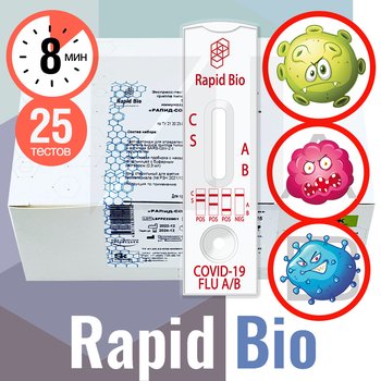 Rapid Bio/ Рапид Био экспресс-тест на антиген вируса гриппа А/B и SARS-COV-2-ИХА для диагностики in vitro в групповой упаковке, групповой буфер, 25 тестов