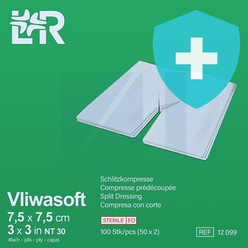 Vliwasoft® Split Dressing/ Фливасофт Сплит Дрессинг стерильные мягкие нетканые дренажные салфетки c Y-образным вырезом от компании Lohmann & Rauscher (L&R)/ Ломанн и Раушер; 7,5х7,5 см; 4 слоя; 100 шт/уп (50х2)